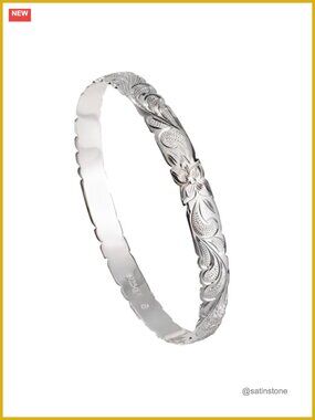 925 Sterling Silver Hawaiian Scroll Plumeria Bangle Bracelet